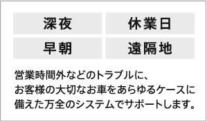 営業時間外などのトラブルに、お客様の大切なお車をあらゆるケースに備えた万全のシステムでサポートします。