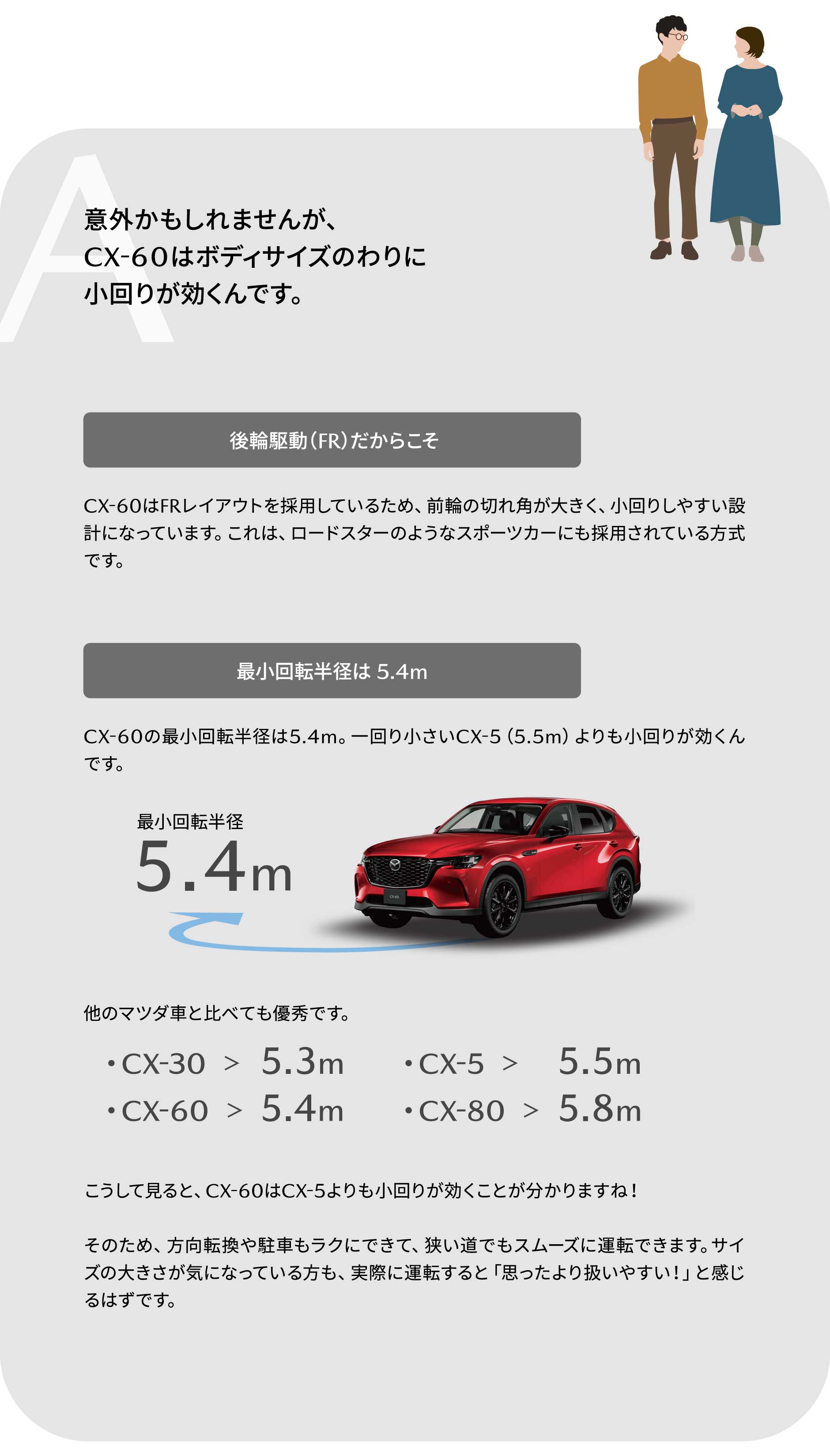 A:意外かもしれませんが、CX-60はボディサイズのわりに小回りが効くんです。こうして見ると、CX-60はCX-5よりも小回りが効くことが分かりますね！そのため、方向転換や駐車もラクにできて、狭い道でもスムーズに運転できます。サイズの大きさが気になっている方も、実際に運転すると「思ったより扱いやすい！」と感じるはずです。