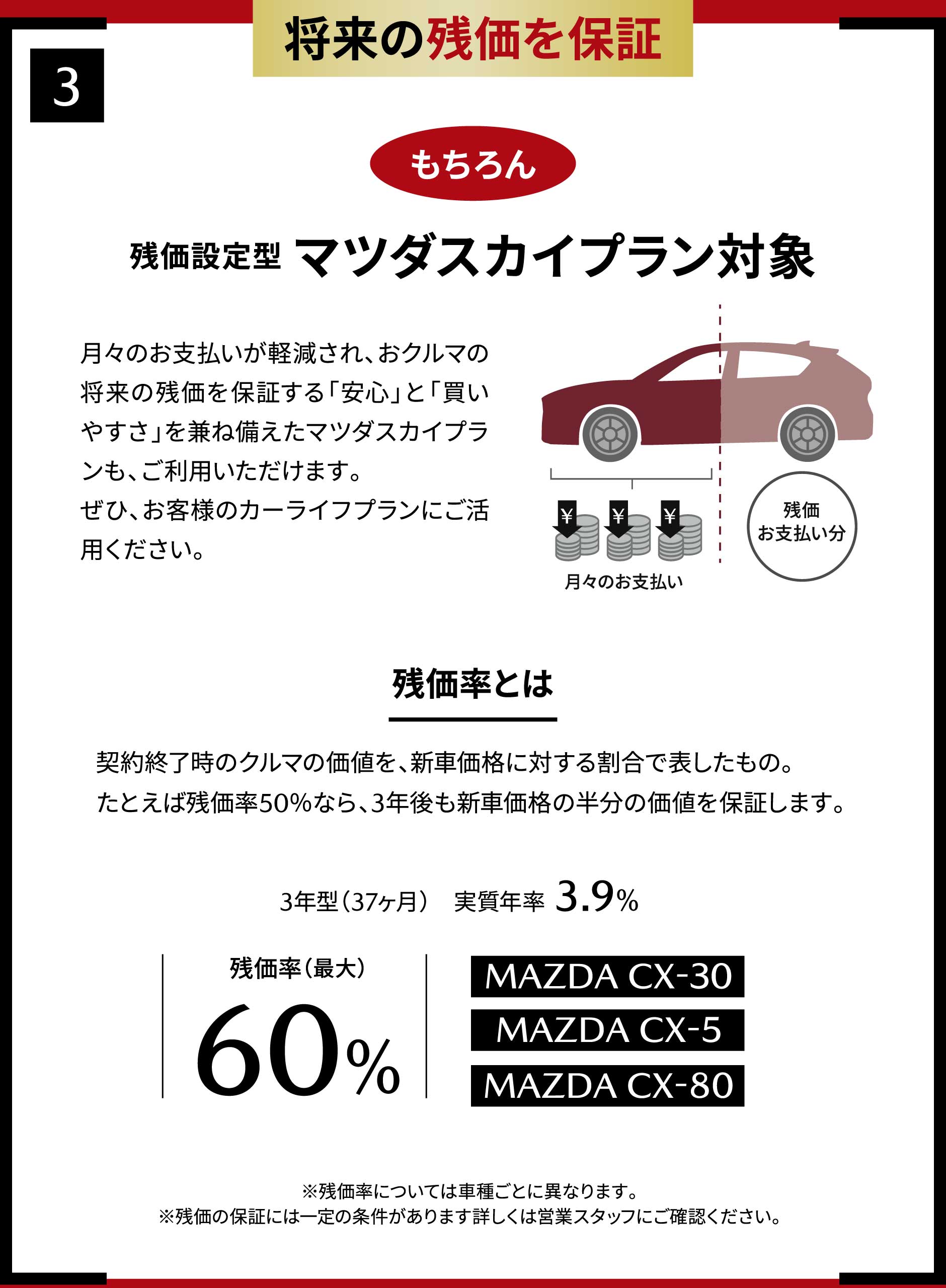 将来の残価を保証　もちろん残価設定型 マツダスカイプラン対象