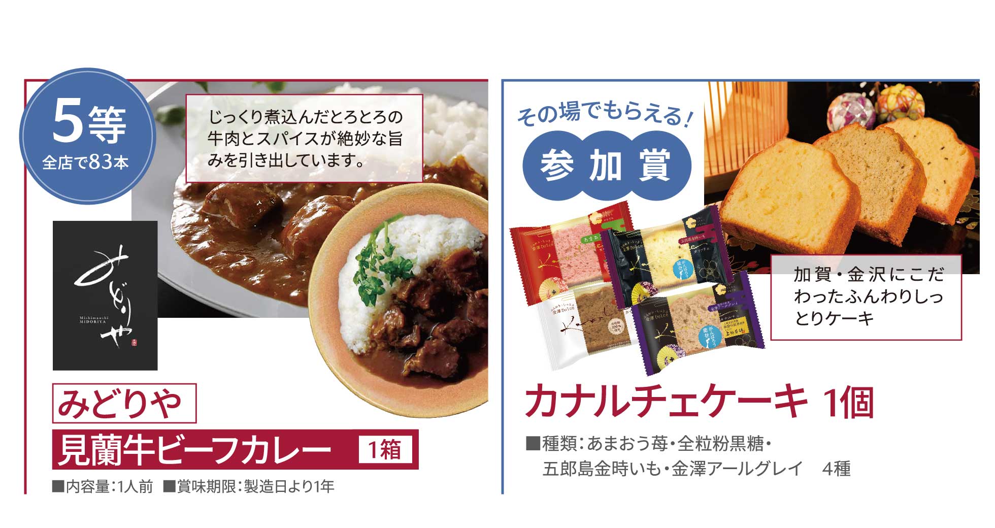 5等 みどりや 見蘭牛ビーフカレー 参加賞 カナルチェケーキ 1個