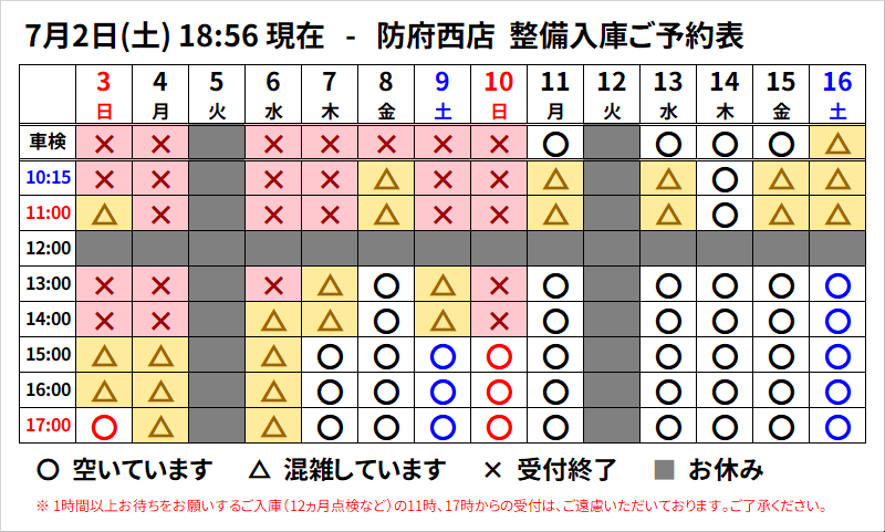※1-2日おき更新|状況は変動しますので、お早めのご予約を。